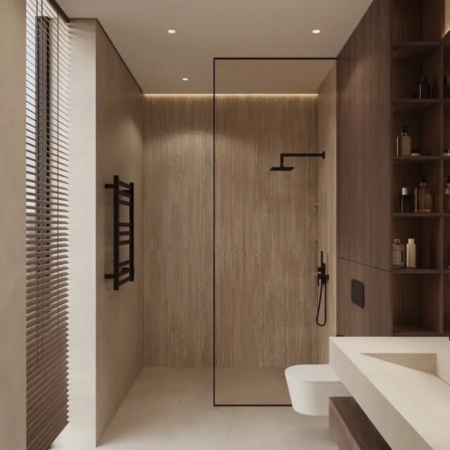 Minimalist bathroom with textured wall and modern fixtures