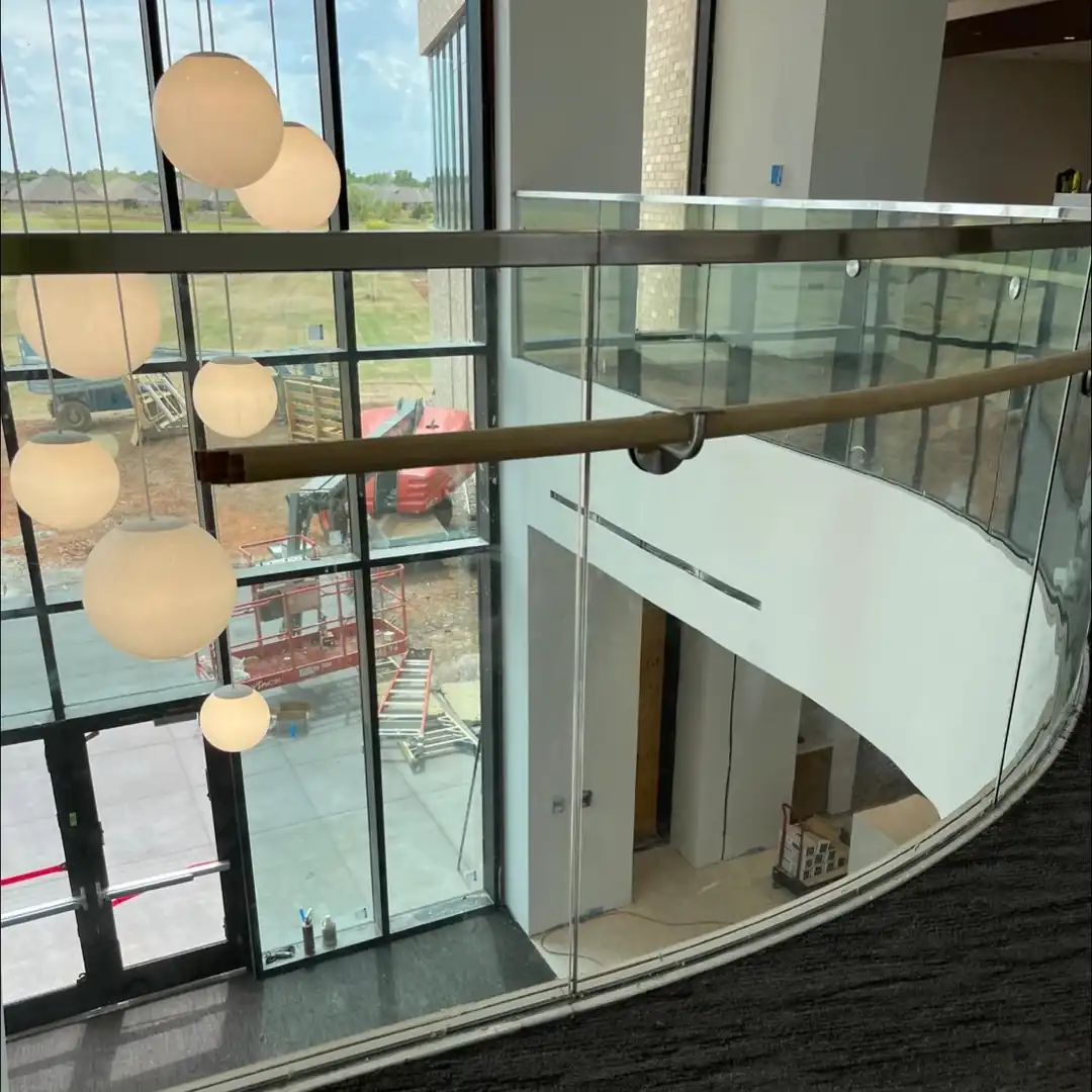 Modern glass staircase in home addition